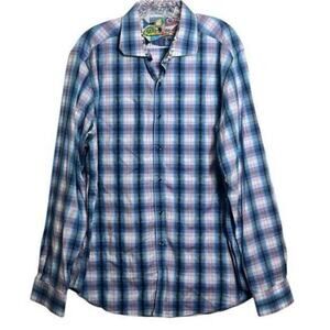 ROBERT GRAHAM purple blue plaid check contrast paisley  button up sz XL